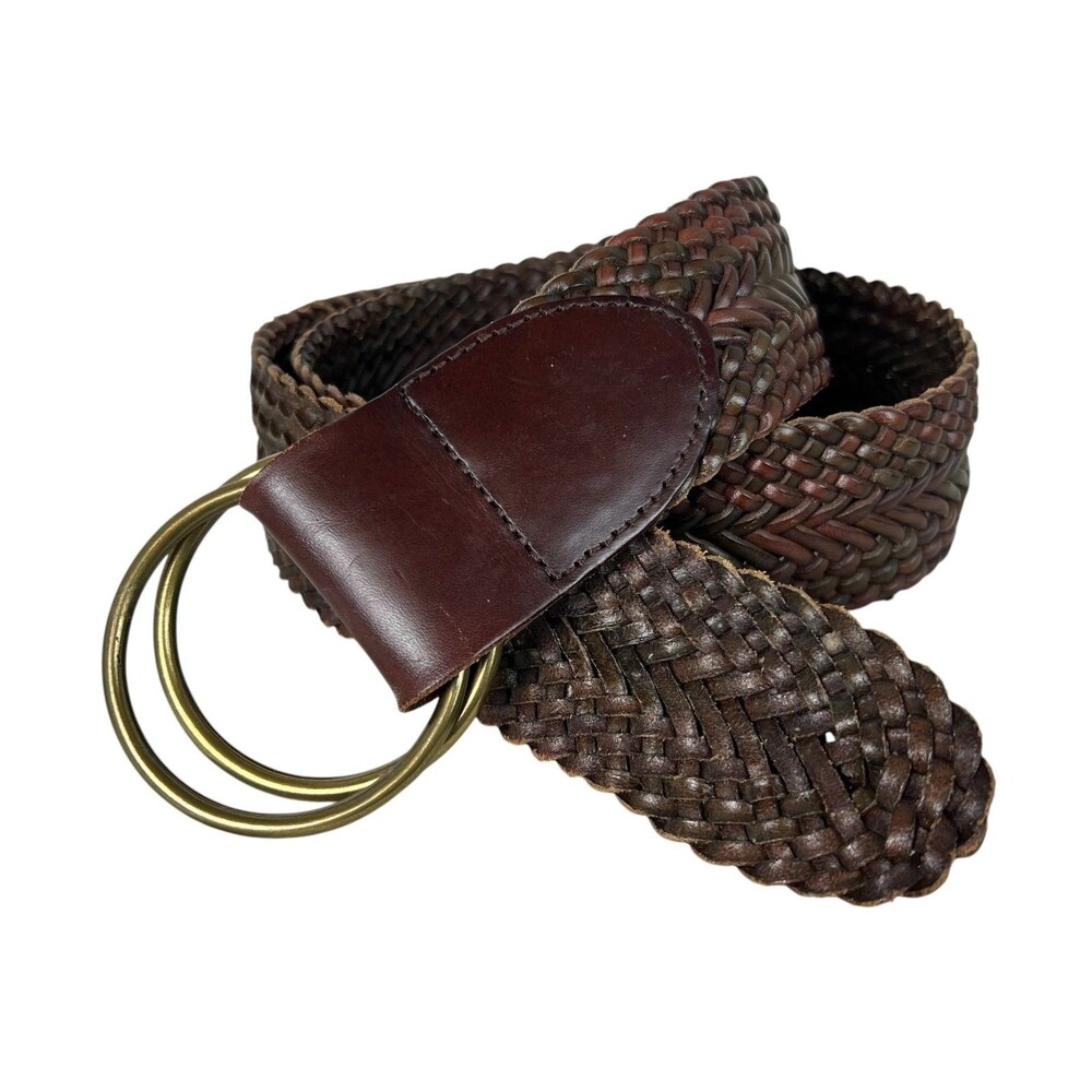 Talbots Wide Woven Brown Leather Double Ring Belt Size M NWOT Boho Casual
